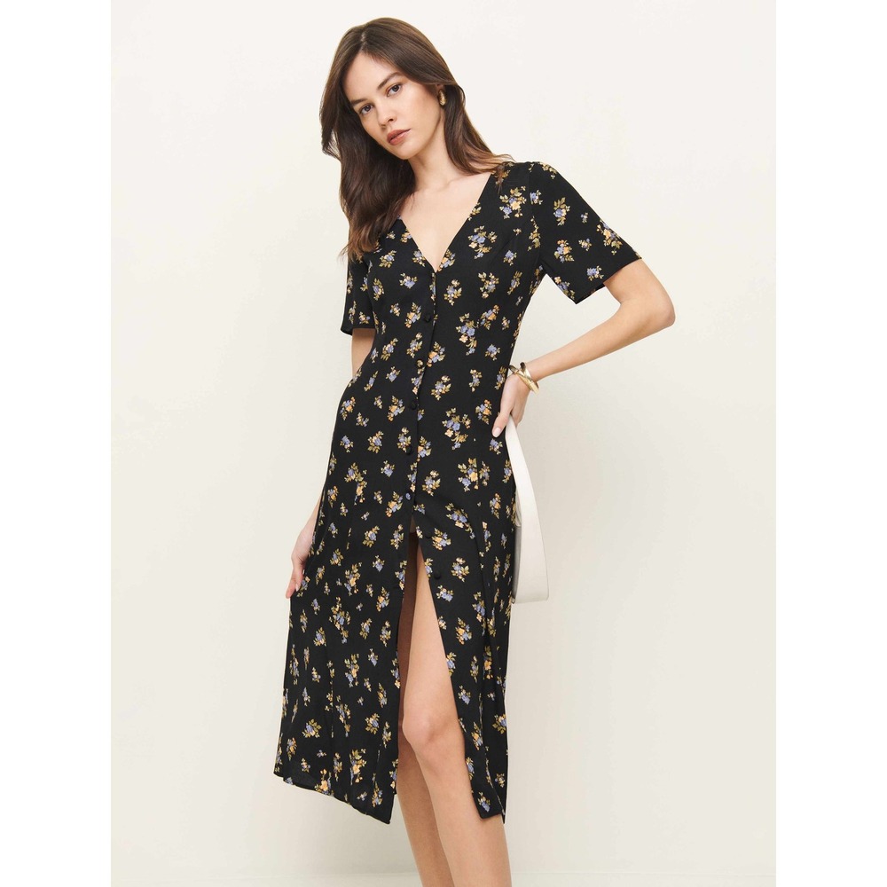 Reformation Locklin Dress Women 10 Black Rare Claire Floral Button Front Boho